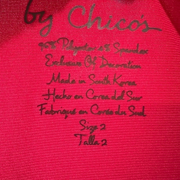 Chicos Cherry Red Demi Woven Mix Knit Top 3/4 Sleeve Hi Lo Hem Women Large - Picture 7 of 16